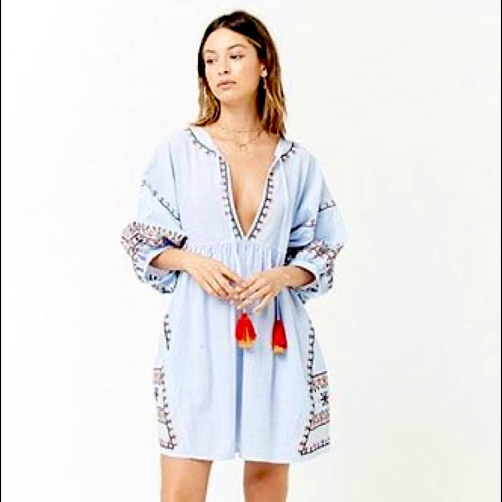 Forever 21 Striped Embroidered Boho Slub Dress  - Small